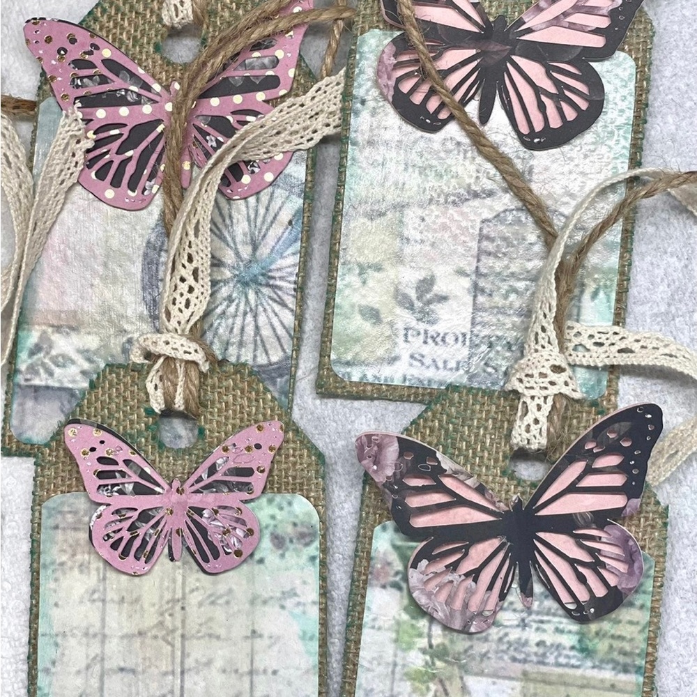 9 Pcs Burlap Lace Bicycle Hang Tags Purple Green Pink Handmade